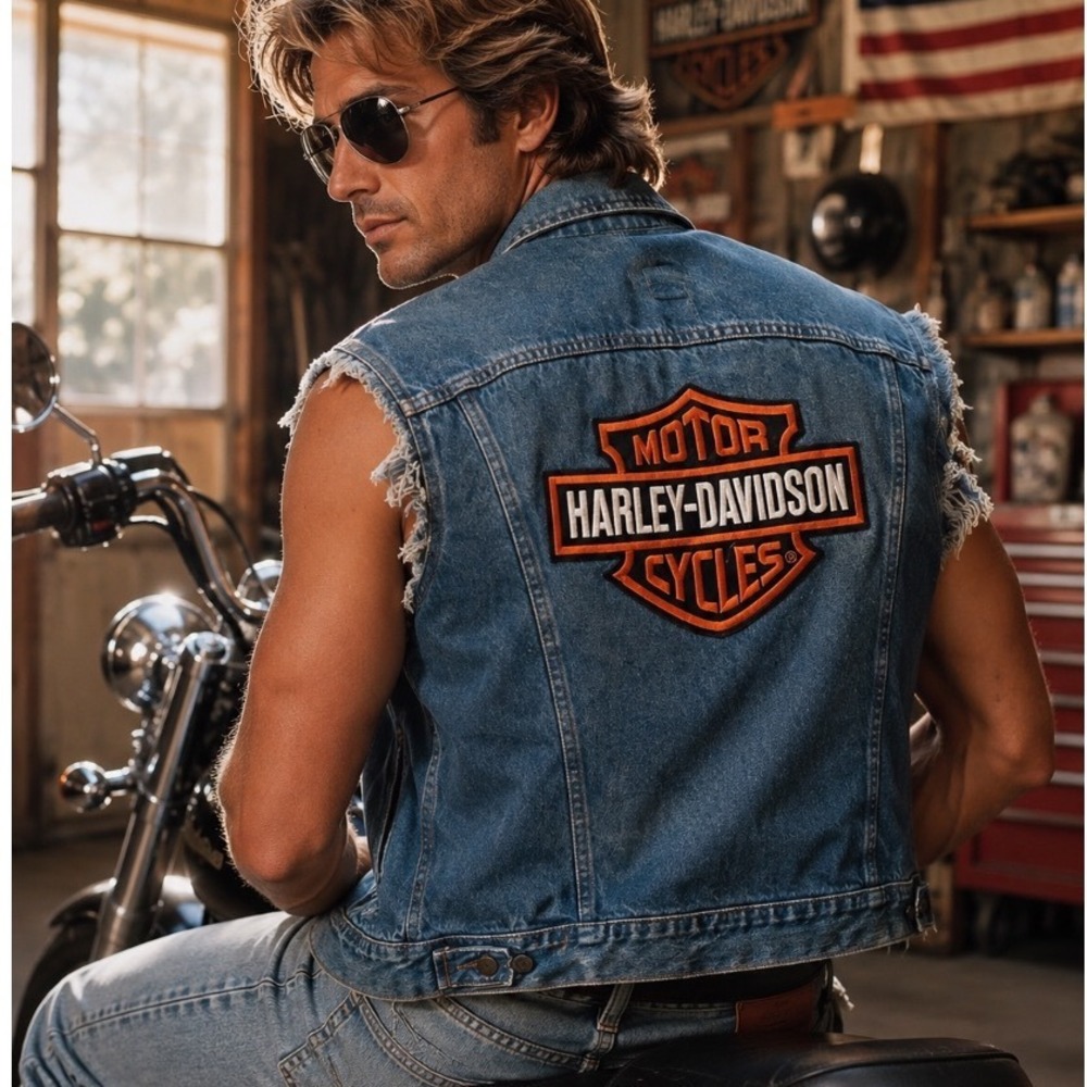 VTG  Lee Harley Davidson Denim Vest Mens 42 Reg Biker Cut Off Pins Blue‎ Patch